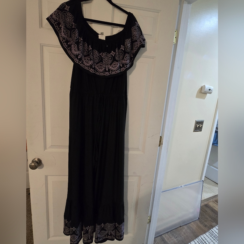 Black and Purple Embroidered                    On/Off-Shoulder Jumpsuit NWT